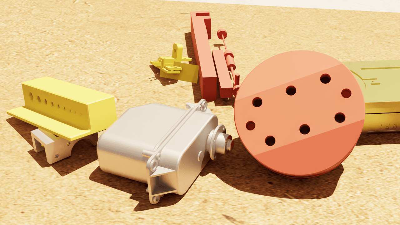 CAD-pose dataset sample scene with machined parts on a tabletop