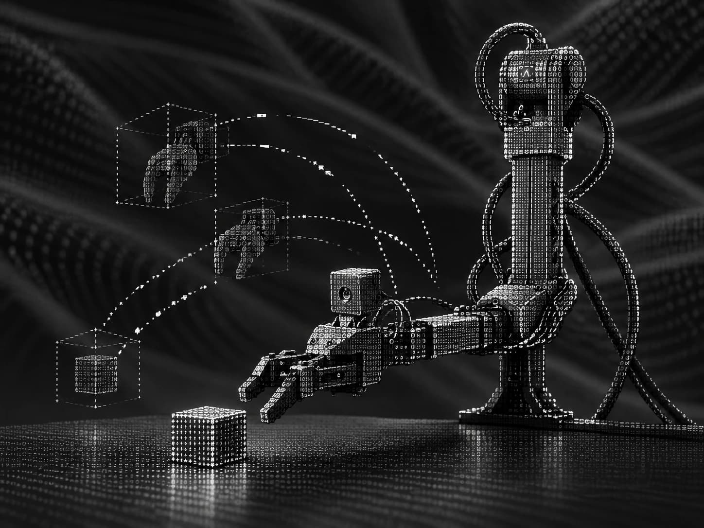 A Vitrus robot facing broken motion trajectories and delayed perception in luminous ASCII geometry