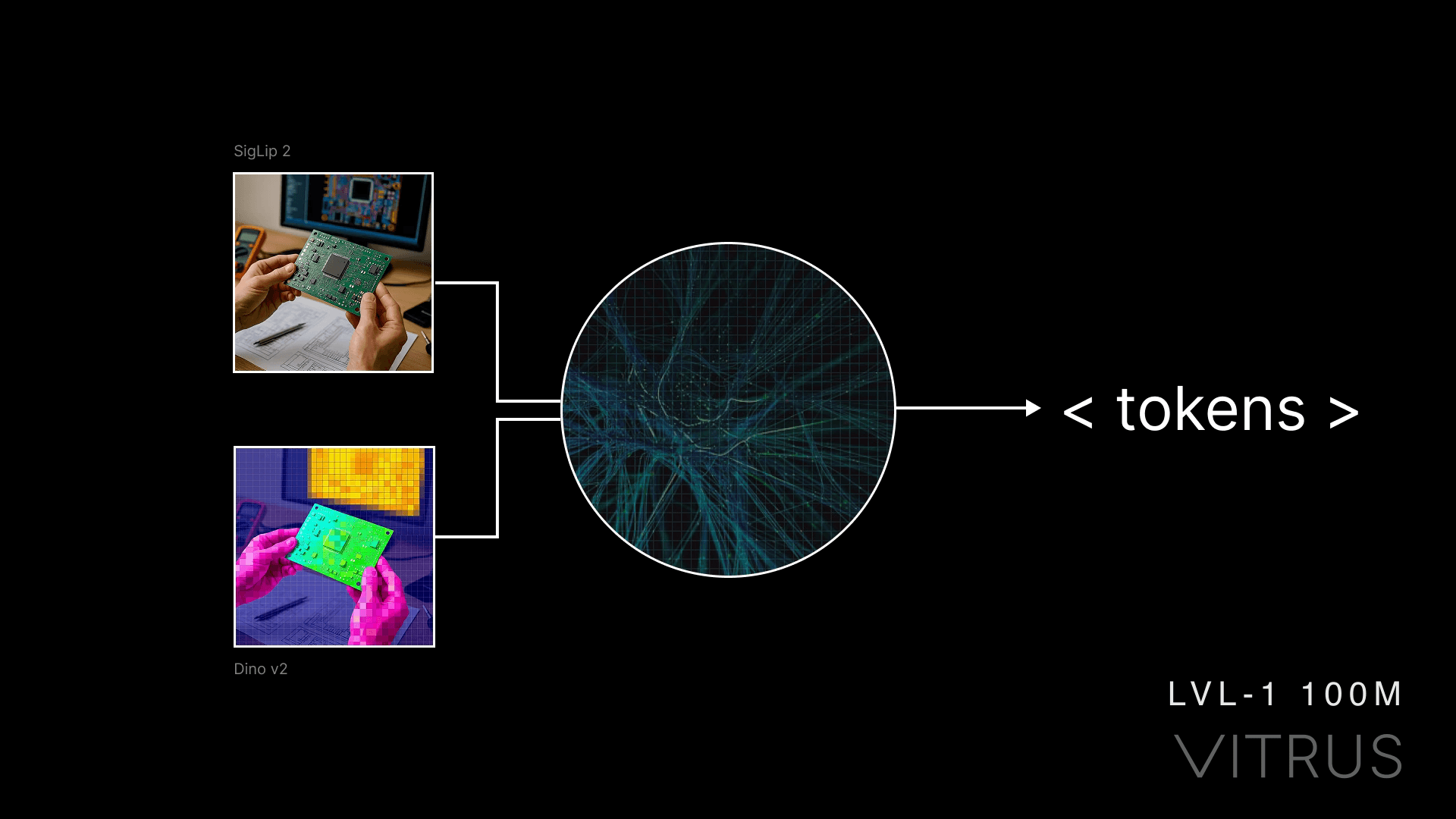 LVL-1 architecture with SigLIP 2 and DINOv2 visual streams feeding a compact language core