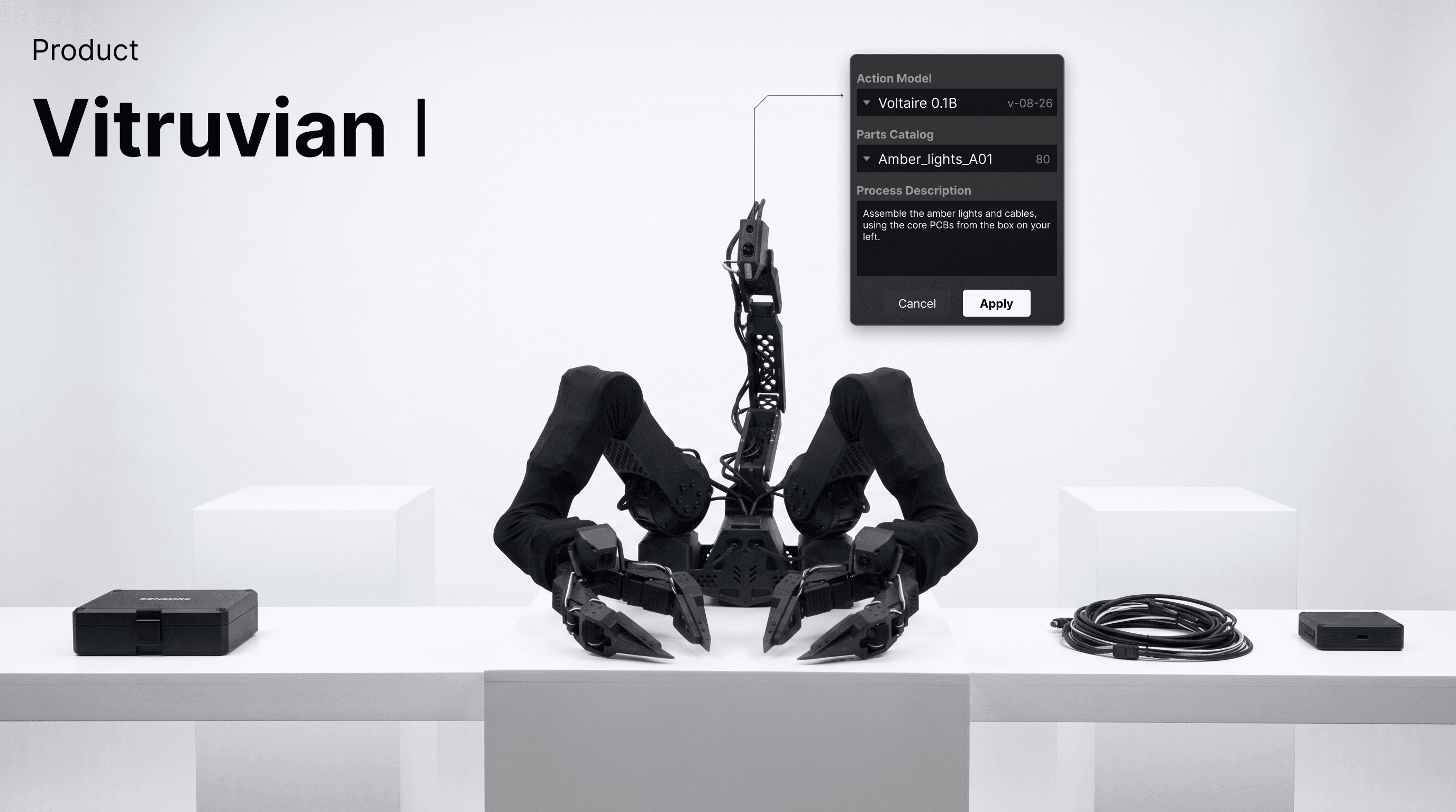 Vitruvian I, a Vitrus research robot, presented on a white workbench